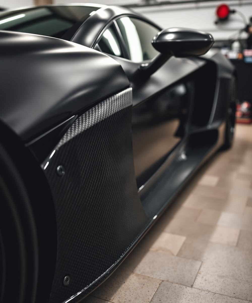 Carbon fiber side skirt fitted to a black hypercar